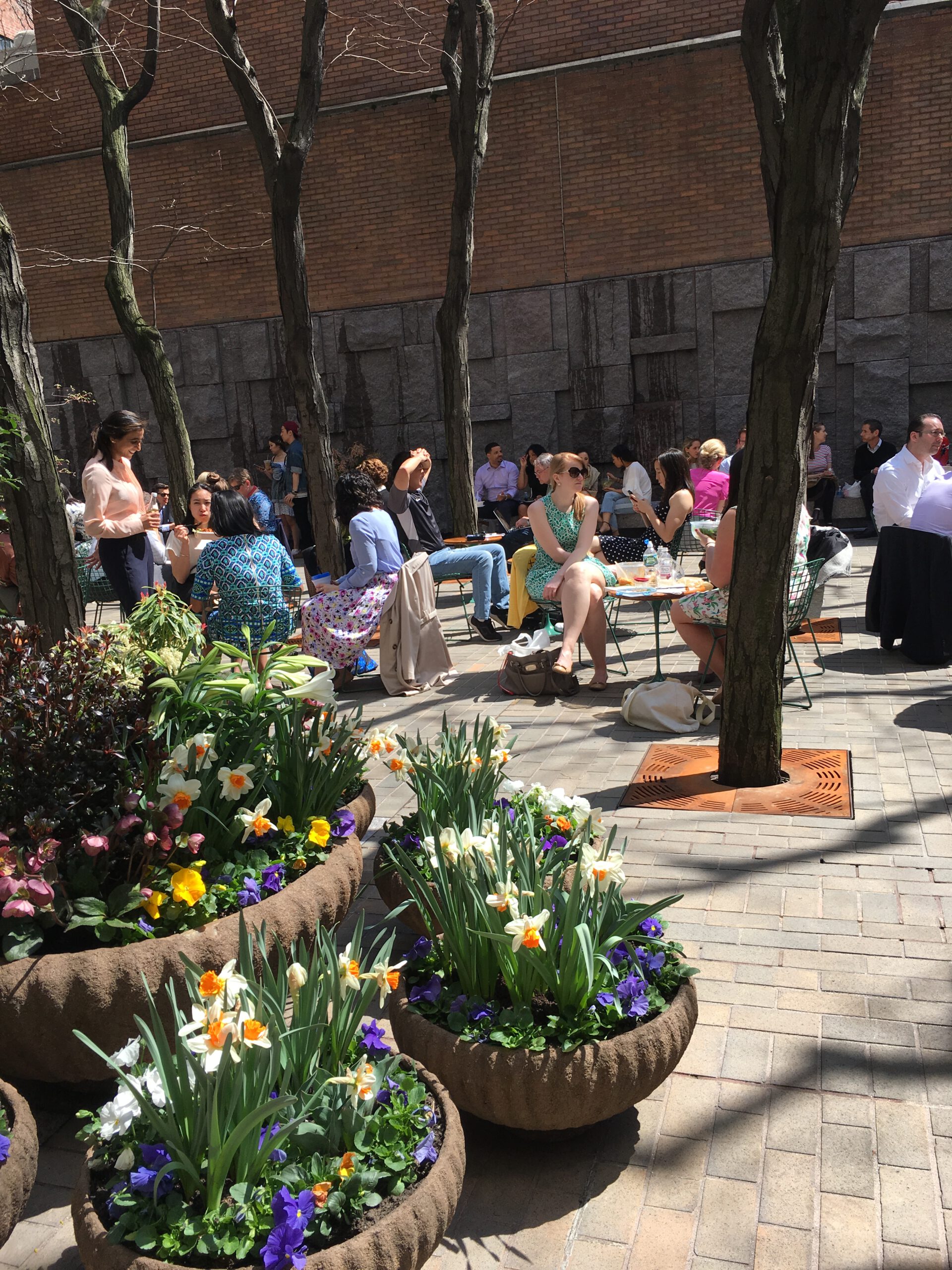 A group of people sitting around in the sun.