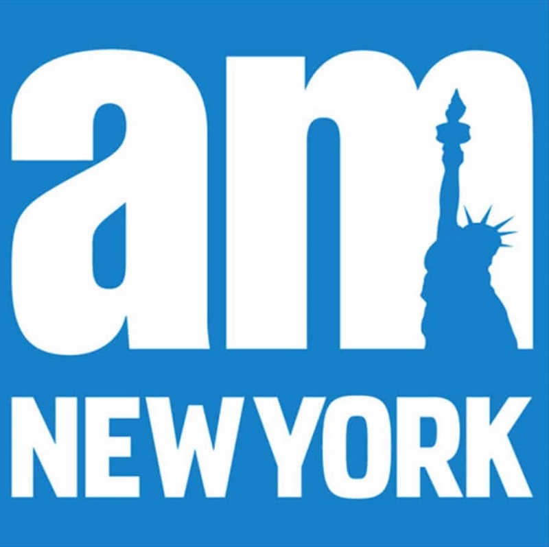 A blue square with the am new york logo in white.