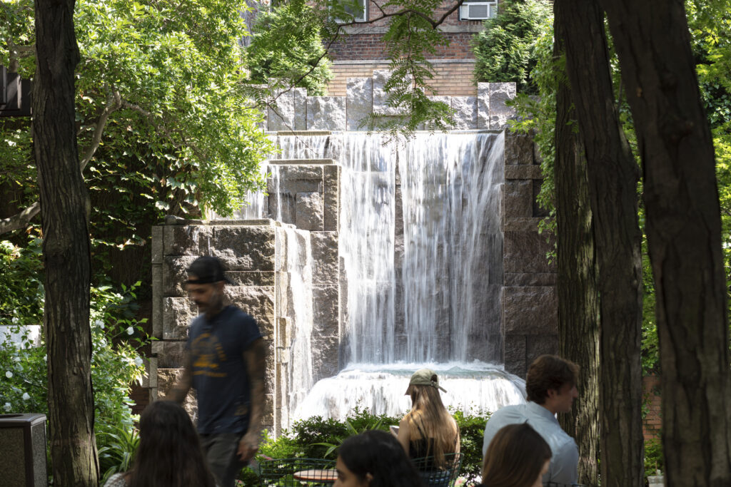 A group of people standing around near a waterfall.